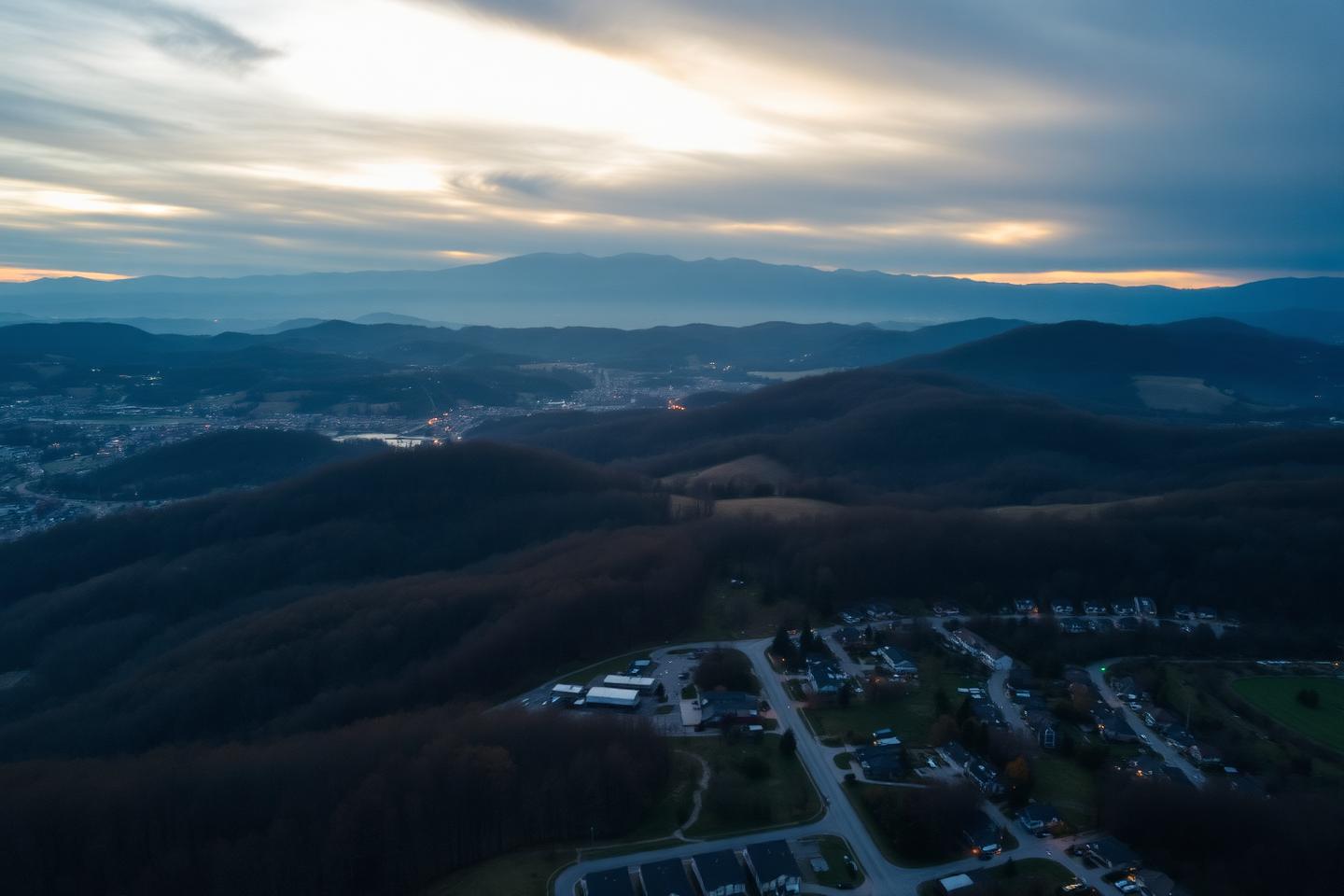 Aerial view of East Tennessee foothills and neighborhoods served by Silva's Roofing